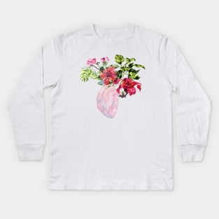 Human Anatomical Heart with Tropical Flower Kids Long Sleeve T-Shirt